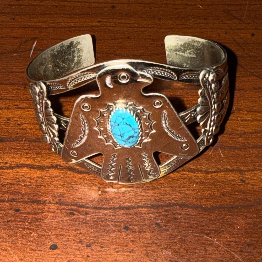 Southwestern Thunderbird Cuff Bracelet with Turquoise Stone Silver Tone